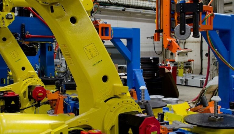 An assembly line of robots in a factory.