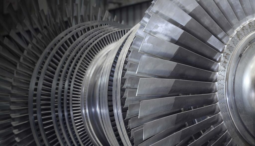 A close up of a turbine in a factory.