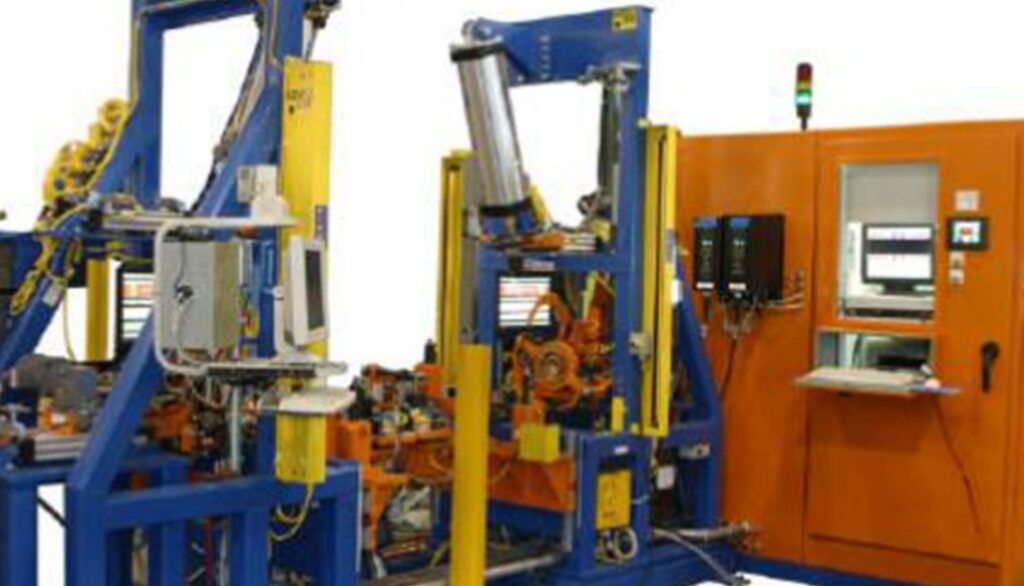 A machine with a blue and orange machine.