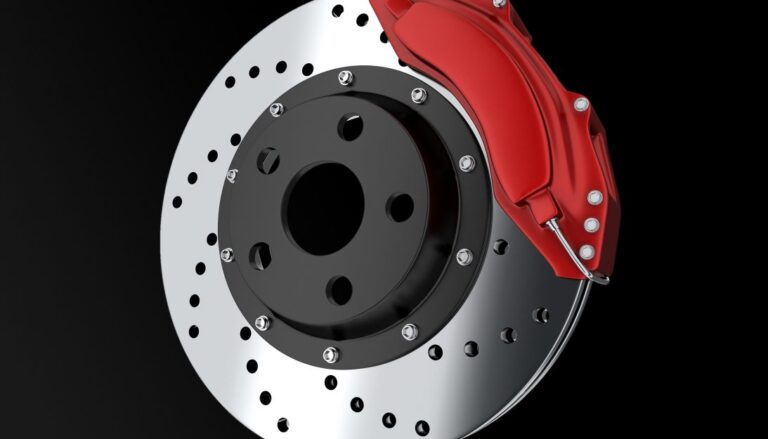 A red brake disc on a black background.