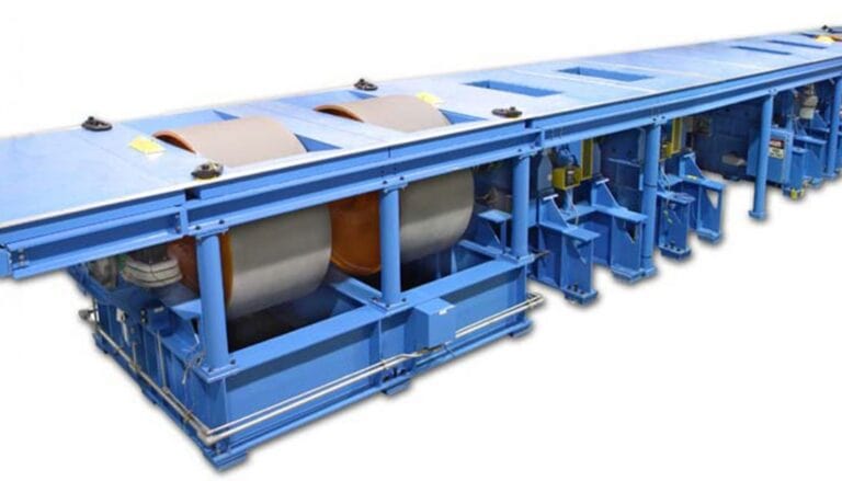 A blue conveyor belt with two blue rollers on it.