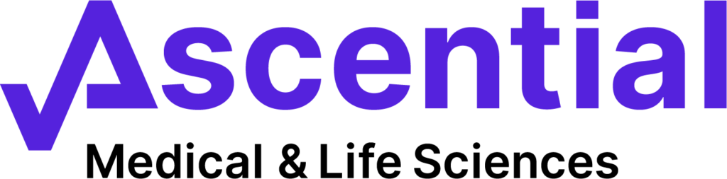 Logo of Ascential Medical & Life Sciences featuring the company name in purple, with a stylized "A" resembling an upward arrow, above the words "Medical & Life Sciences" in black.