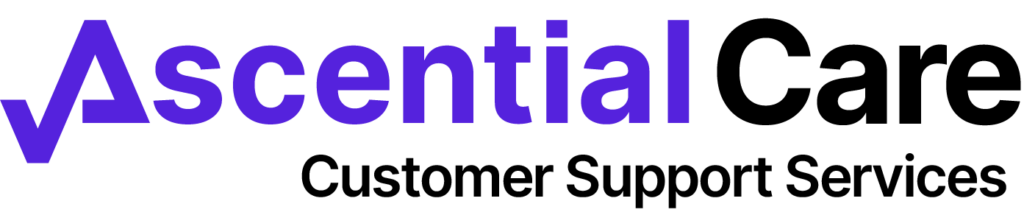 Logo for Ascential Care Customer Support Services, with "Ascential" in purple and "Care" in black, above the phrase "Customer Support Services" in black.