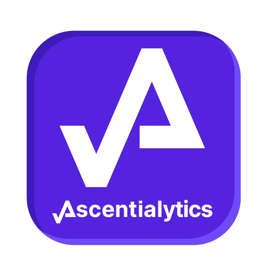 A purple square logo with a stylized white "A" resembling a checkmark, and the word "Ascentialytics" below it.