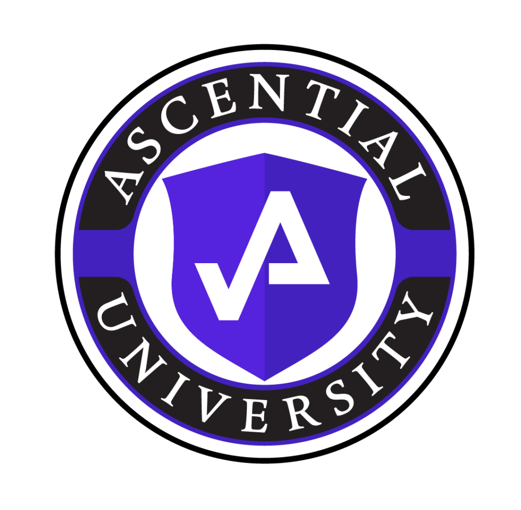 A circular logo with "Ascential University" text surrounding a shield featuring stylized letters "A" and "U" in white on a purple background.