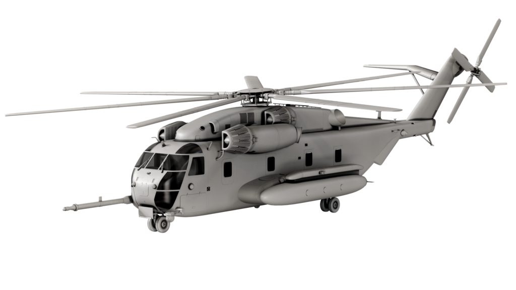 Gray military helicopter with four main rotor blades and landing gear extended, viewed from front-left angle.