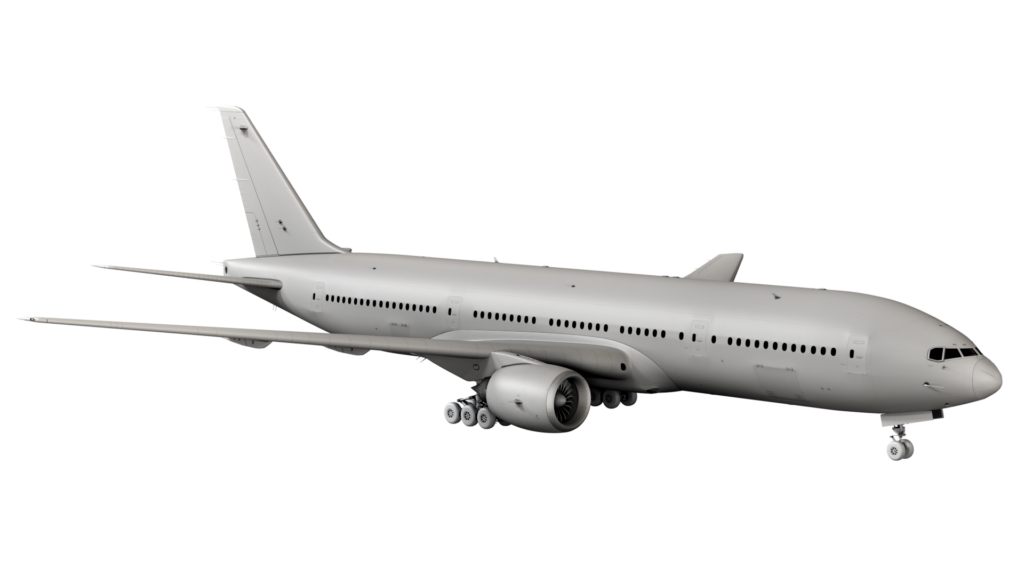 Side view of a large, twin-engine commercial airplane with landing gear extended, painted in a plain, uniform gray color.