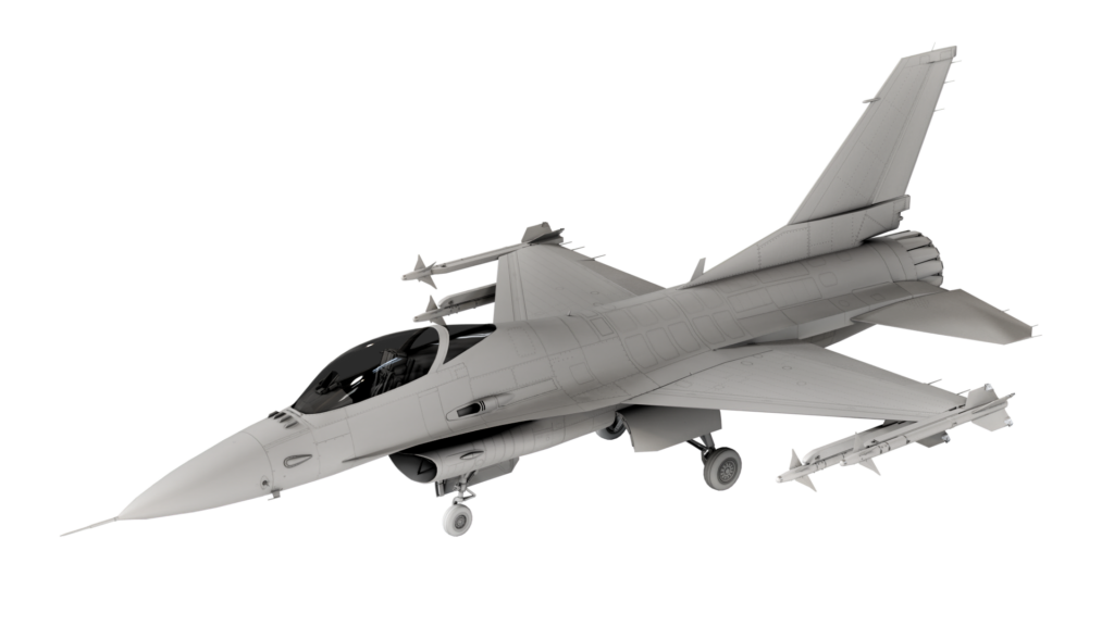 A grayscale 3D model of a modern fighter jet with swept-back wings, twin tail fins, and landing gear extended.