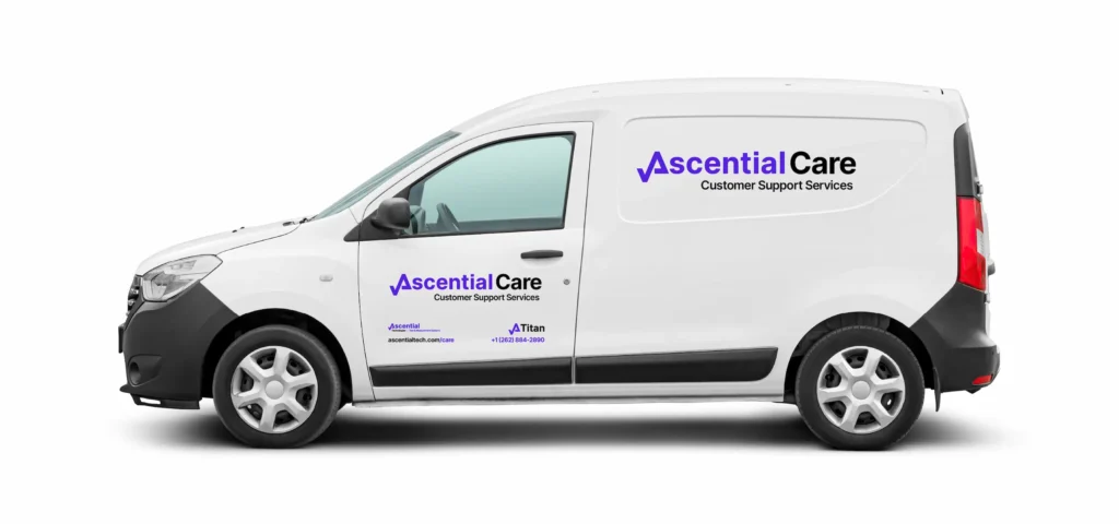 White delivery van with "Ascential Care Customer Support Services" branding and contact information on the door and side panel.