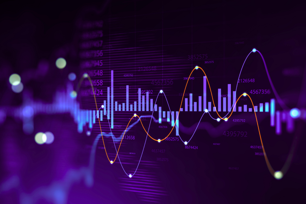 A digital illustration of a financial chart showing bar graphs and fluctuating line graphs on a dark purple background.
