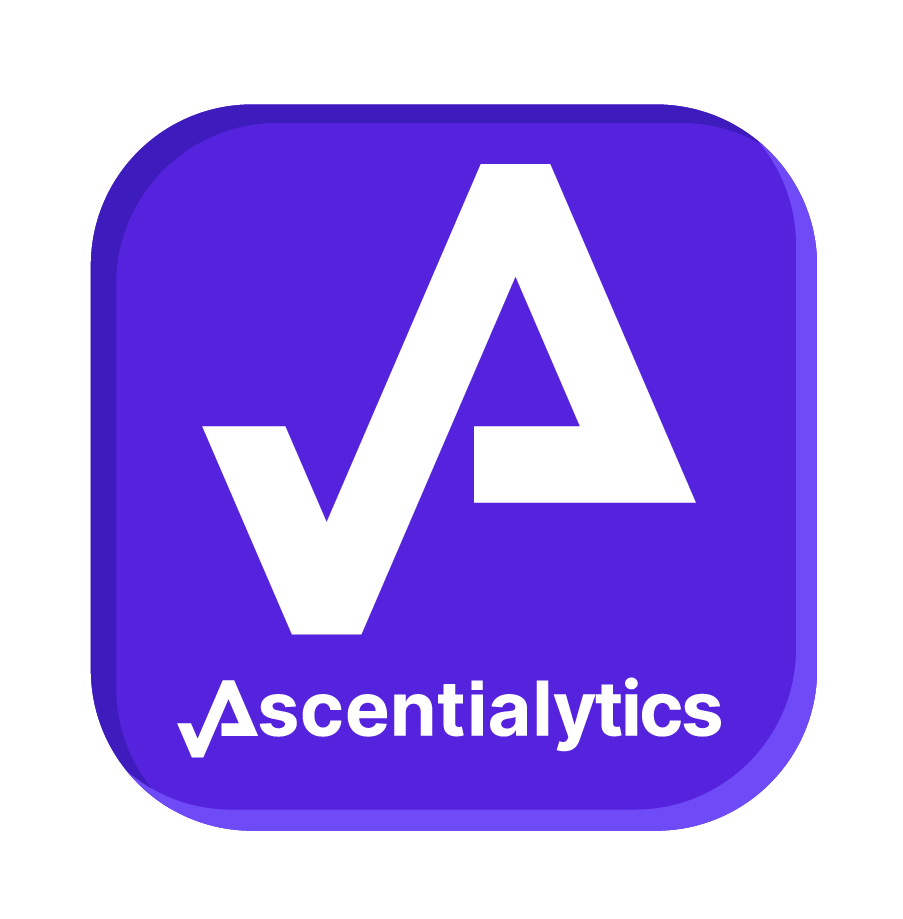 Purple square logo with a stylized white checkmark and letter "A" above the text "Ascentialytics" in white font.